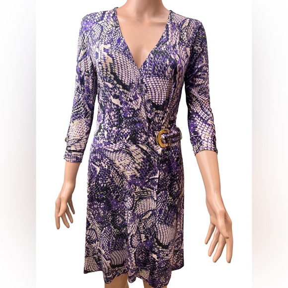Cache Purple and Black Snakeskin  Patterned Belted V-Neck Wrap Dress Small - Picture 1 of 9